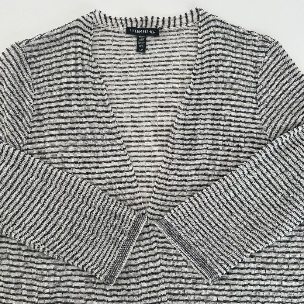 Eileen Fisher Organic Linen Crepe Knit Open Cardigan Lightweight Size S Striped